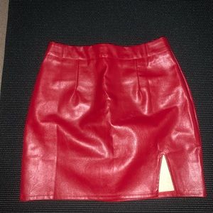 red leather midi skirt